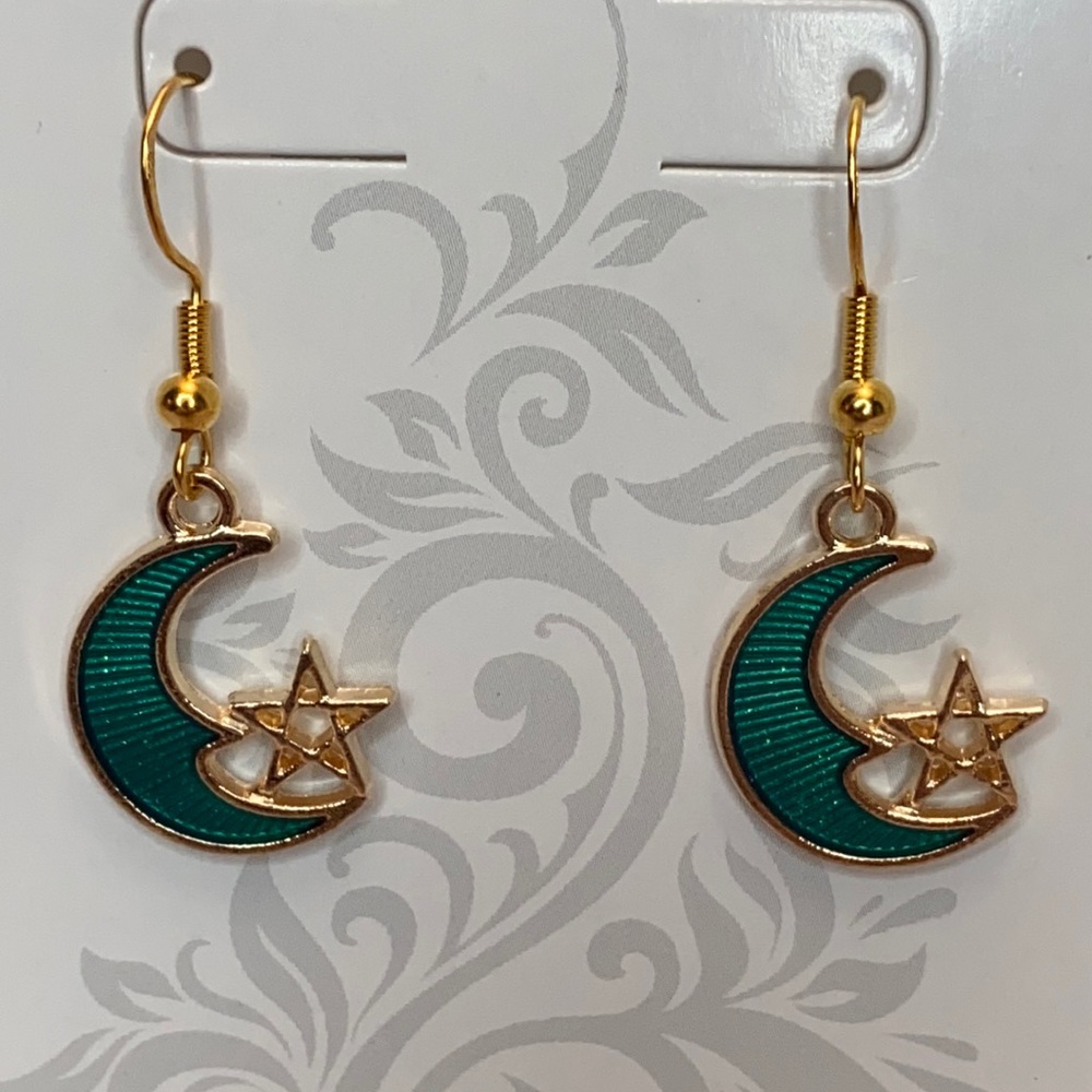 Sparkling Green Moon & Star Dangling Earrings
